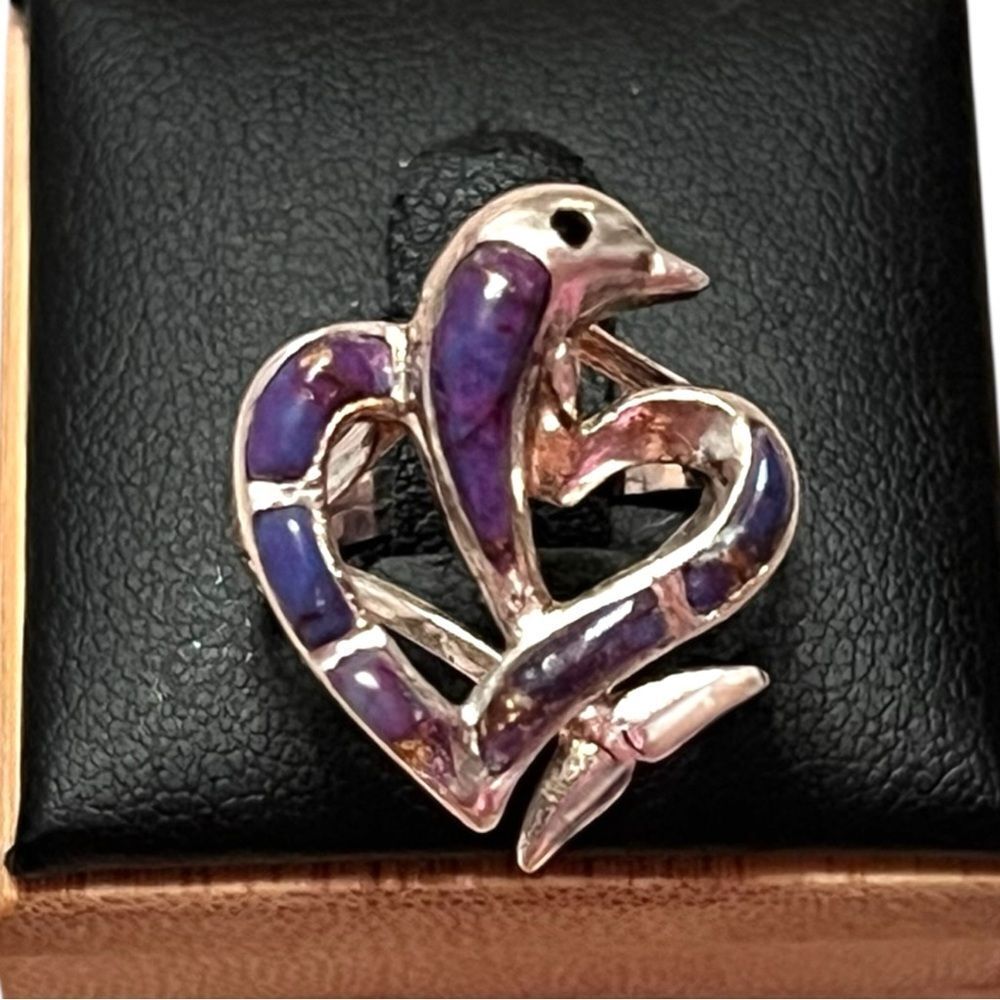 Vintage Native American Sterling Silver Dolphin Heart Purple Turquoise Ring